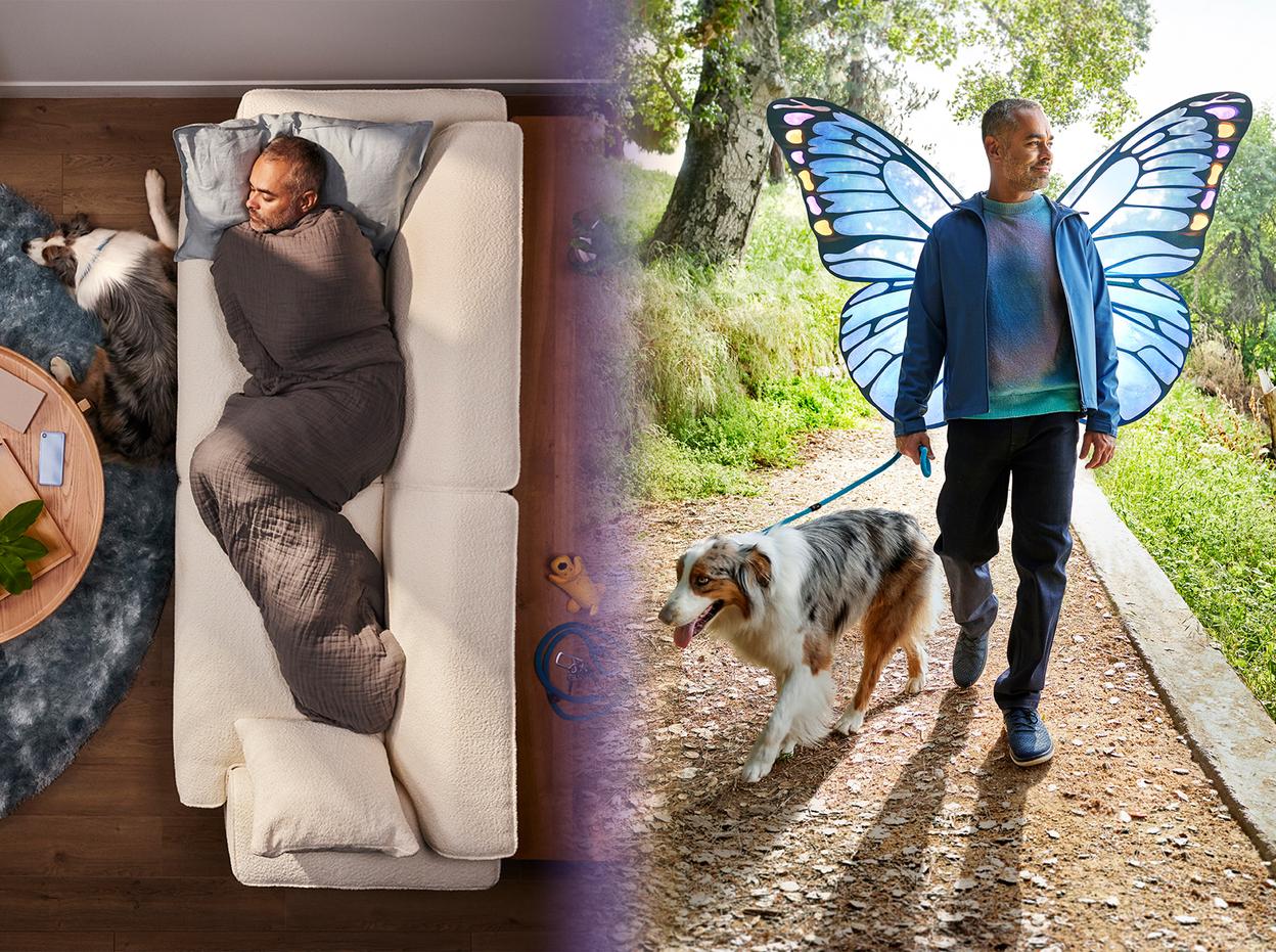 Split image with a man sleeping on the left and the same man is outside with his dog on the right